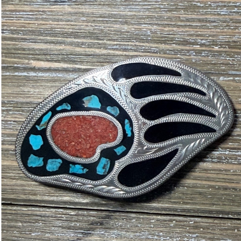 Vintage Southwestern Bear Paw Belt Buckle Turquoise Coral Inlay Silver Handmade